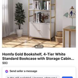 Homfa Gold Bookshelf, 4-Tier White Standard Bookcase with Storage Cabinet, Modern Iron Book Shelves