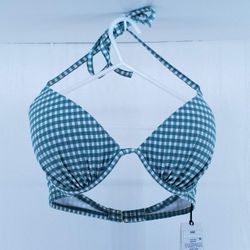 Shade & Shore Bikini Top Size 34 D, Green Gingham Plaid New With Tags NWT