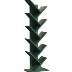 Dark Green 10 Tier Tree Book Shelf, Floor Standing Wood Bookshelf, Storage Organizer Bookshelves