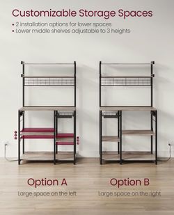 Bakers Rack with Power Outlet, 35.4 Inches Microwave Stand, Coffee Bar, 4 AC Outlets, with Adjustable Shelves, 8 S-Hooks, Basket, Spice Racks, Heather