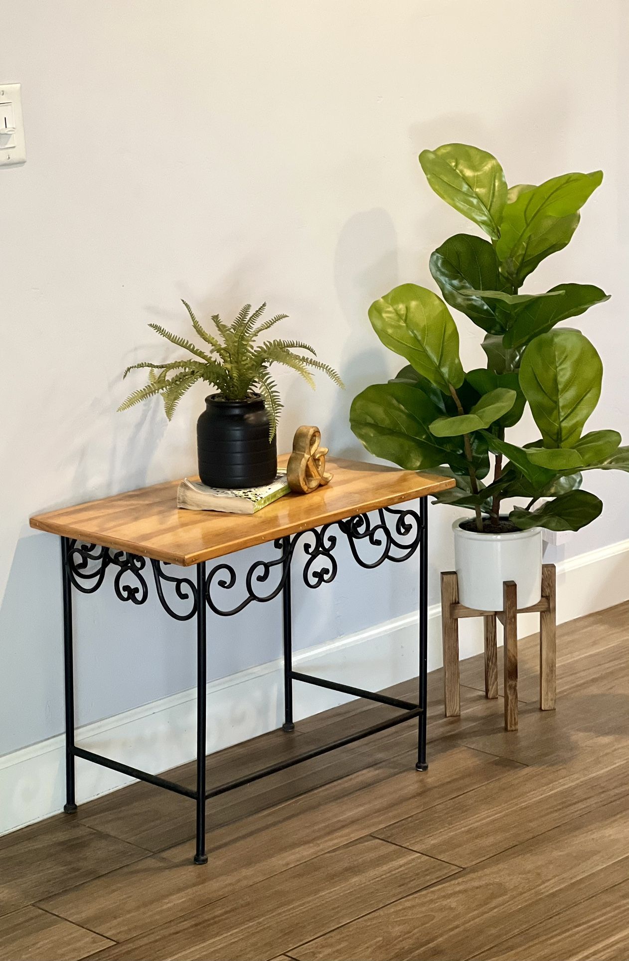Indoor or Outdoor Wrought Iron Rectangular Accent Table with Wood Top!  End Table Side Table Sofa Table Plant Stand Nightstand  