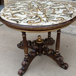 Baroque/Rococo Antique Carved Round Wood Accent Table 32x32x25” Brown Gold White
