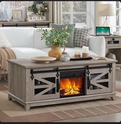 In Box 48” Coffee Table with 13” Electric fireplace and sliding barn doors