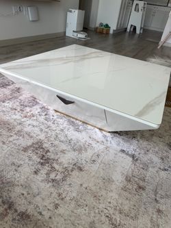 White Square Table Top Marble Coffee Table with 2 Pull Out Drawers