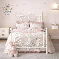 Twin Size Bed Frame with Butterfly Pattern Design Headboard, White Modern Metal Platform Bed, Footboard, Heavy Duty Metal Slats, Easy Assembly, No Box