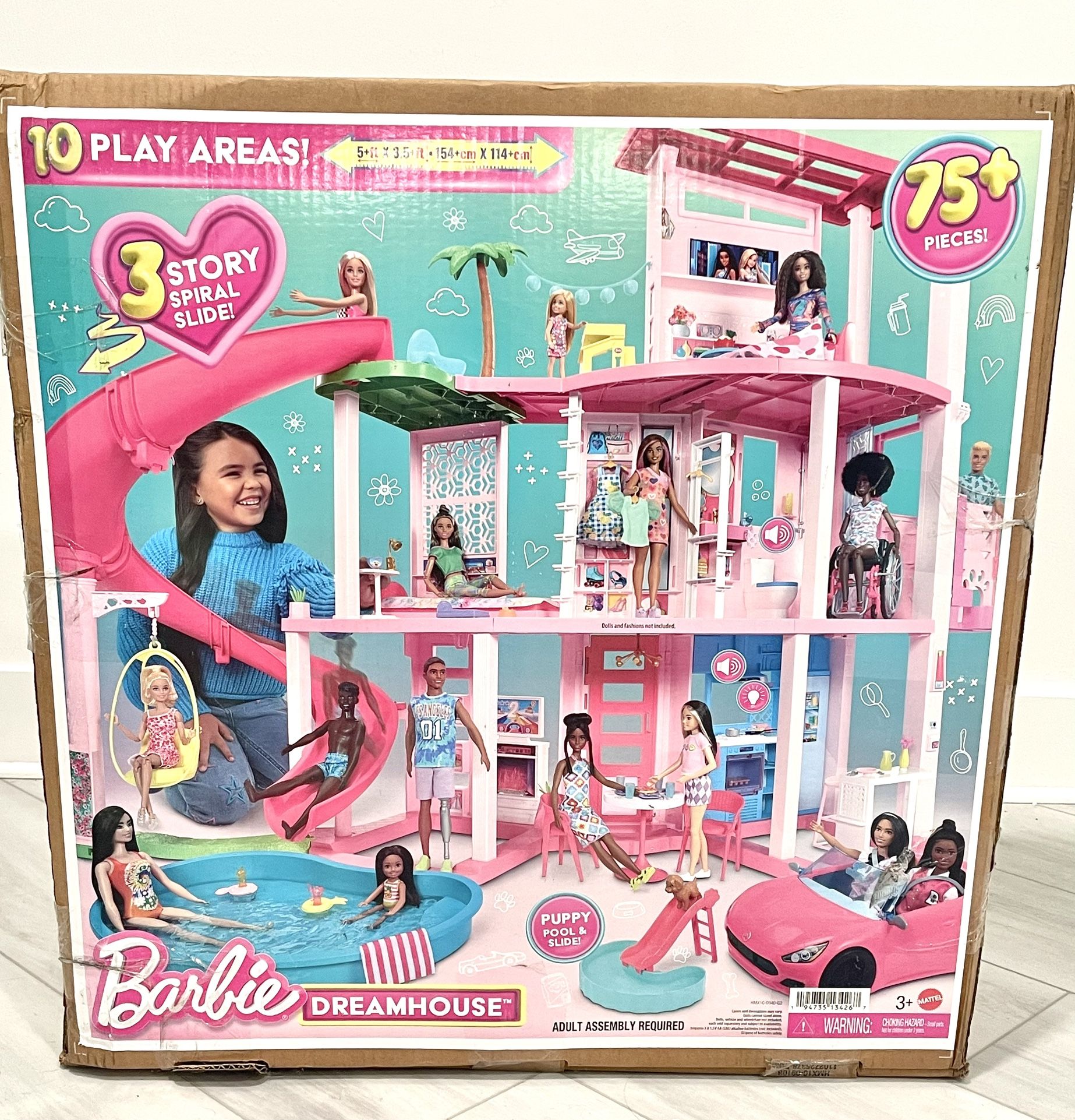 New Barbie Dreamhouse, Pool Party Doll House with 75+ Pieces and 3-Story Slide, House Playset, Pet Elevator and Puppy Play Areas