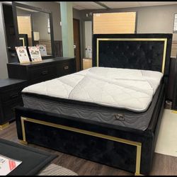 Pepe Black/Gold Panel Upholstered Bedroom Set/ Dresser, Mirror, NightStand,  Bed// Mattress Sold Separately 