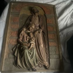 Beautiful vintage wood carving of the Holy Family - Mary, Joseph, and Jesus home