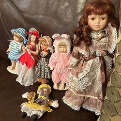 6-Collectible Vintage Small Porcelain Dolls- Some With Stand - One is Reg. Size. All Collectibles