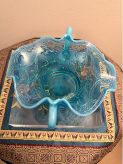 Antique Dugan Glass "Maple Leaf" pattern blue opalescent bonbon/candy/nut dish. Like new.