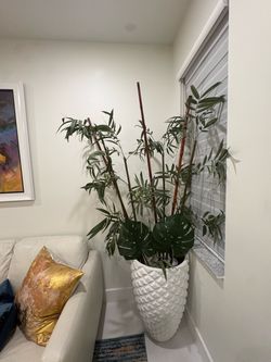 Set of 2 Modern White Floor Planters with Tall Decorative Bamboo Plants