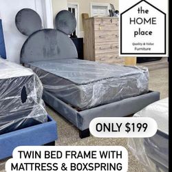 Brand New Mickey Mouse Twin Bed Frame With Mattress & Boxspring Exclusive Sale! Only $199 🚨 Ready For Delivery 🚚