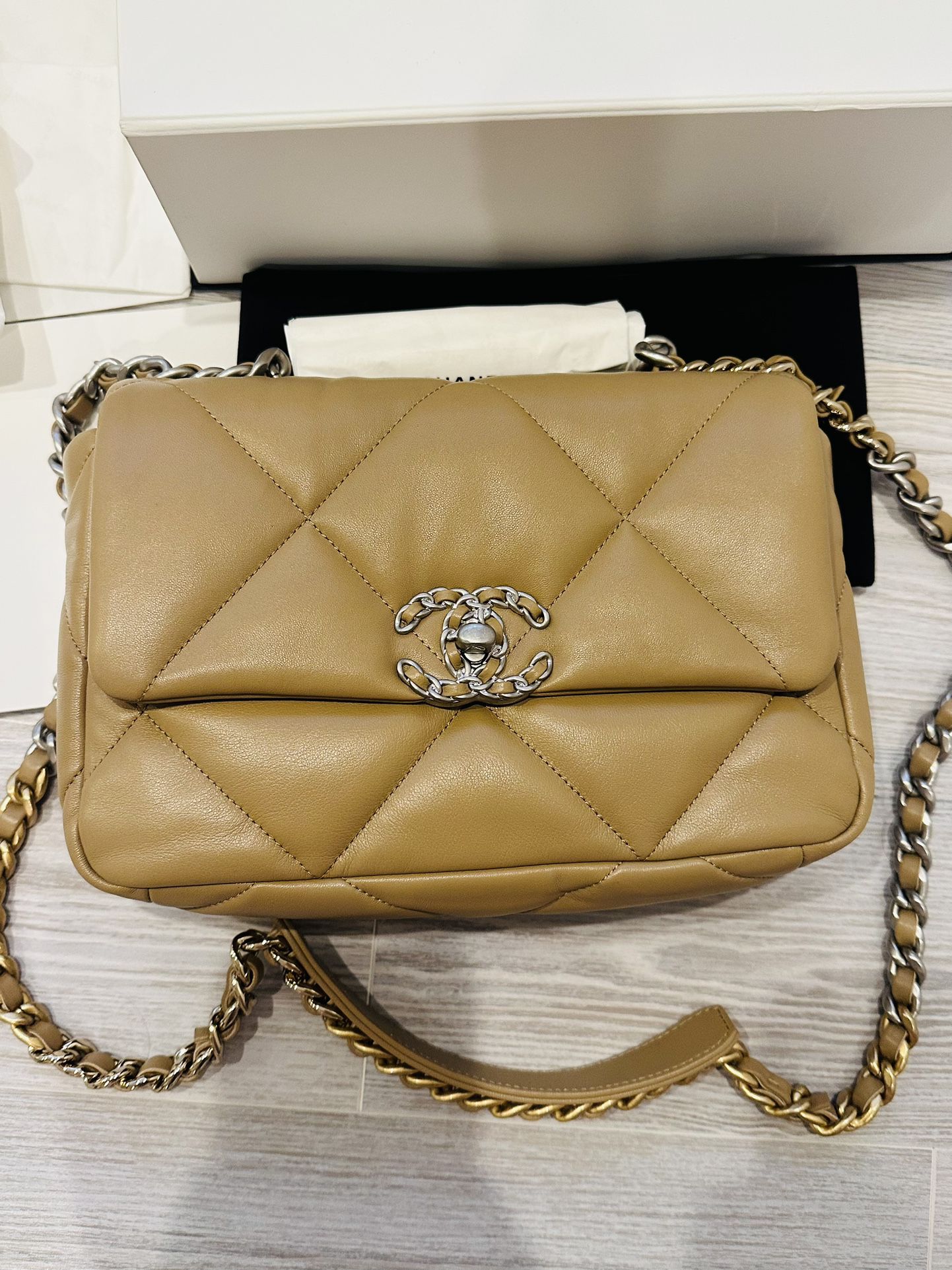 Chanel 19 beige lambskin CC chain crossbody bag small NEW WITH BOX for Sale  in Silver Spring, MD - OfferUp