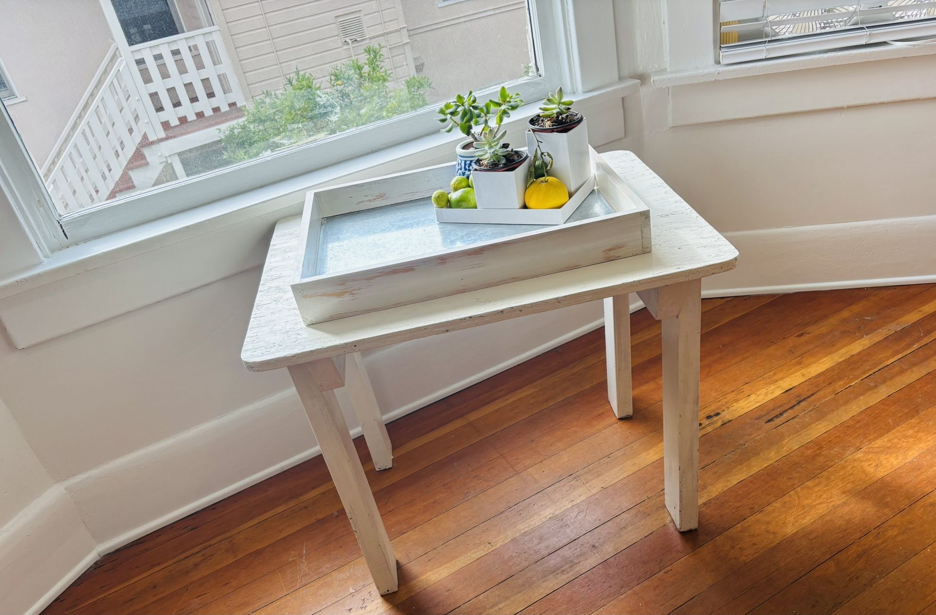 V. STURDY Indoor Outdoor Garden Tea Coffee End Side Table Original Vintage Distressed Egg White Chippy Paint Shabby Chic Art Artisan Kitsch Whimsey