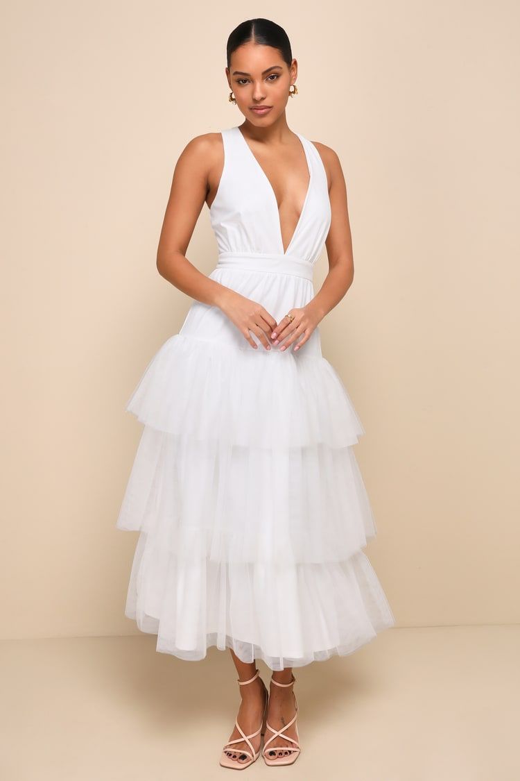 NWT Tier-ly Divine White Tulle V-Neck Tiered Maxi Dress