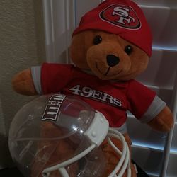 San Francisco 49ers Bear Plush / M & M Football Helmet Dish Bundle Pack