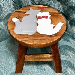 Cat couple hand-carved small decorative stool