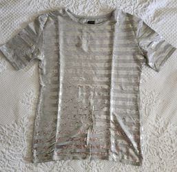 Zara Basic Evening Collection Grey Striped Sequin T-Shirt Top Size L