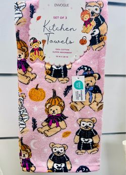 Set of 3 Pink Halloween Spooky Teddy Bear Kitchen Towels NEW