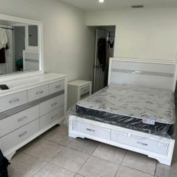 White Bedroom Set 4 Pcs New Storage Bed Platform 
