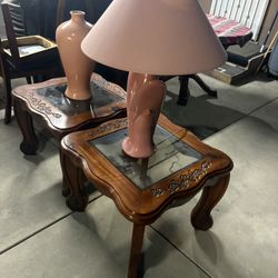 2 Wood Tables With Vase And Lamp 