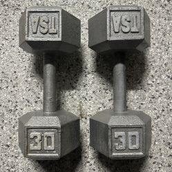 Pair of 30-pound cast iron hex dumbbells