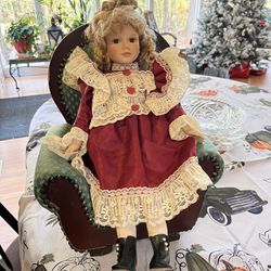 Vintage Porcelain Doll With Chair