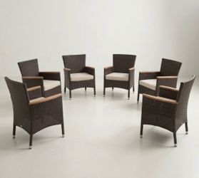 New in Box Set of 6 Wicker Outdoor Armchairs with Cushions