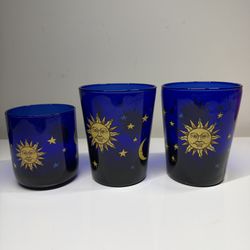 Vintage Libbey Celestial Cobalt Blue Glasses Set of 3 Sun Moon Stars Whimsigoth