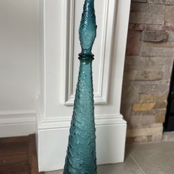 Vintage Teal Italian Empoli Glass Vase with Stopper – Wave Pattern – 23” Tall – Good Condition
