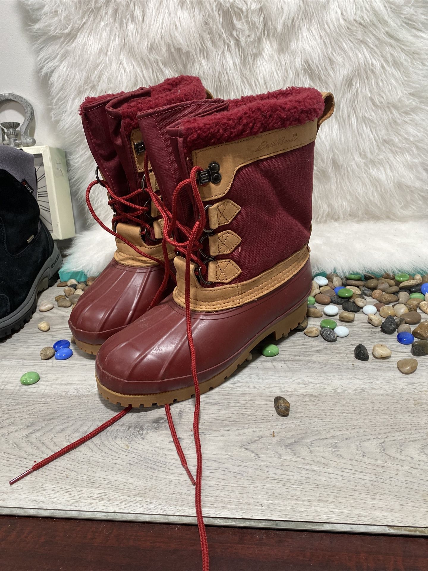 Eddie Bauer (Vintage 90s Tan Leather Hightop Red Hiking Rain/Duck Boots size 8