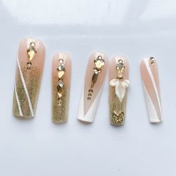 Artisan Handcrafted Pink Press-on Nails Adorned with Sparkly Rhinestones, Tiny Sequins and 3D Flower Decor