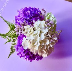 Hydrangea floral centerpiece faux flowers real touch white green purple decor wedding