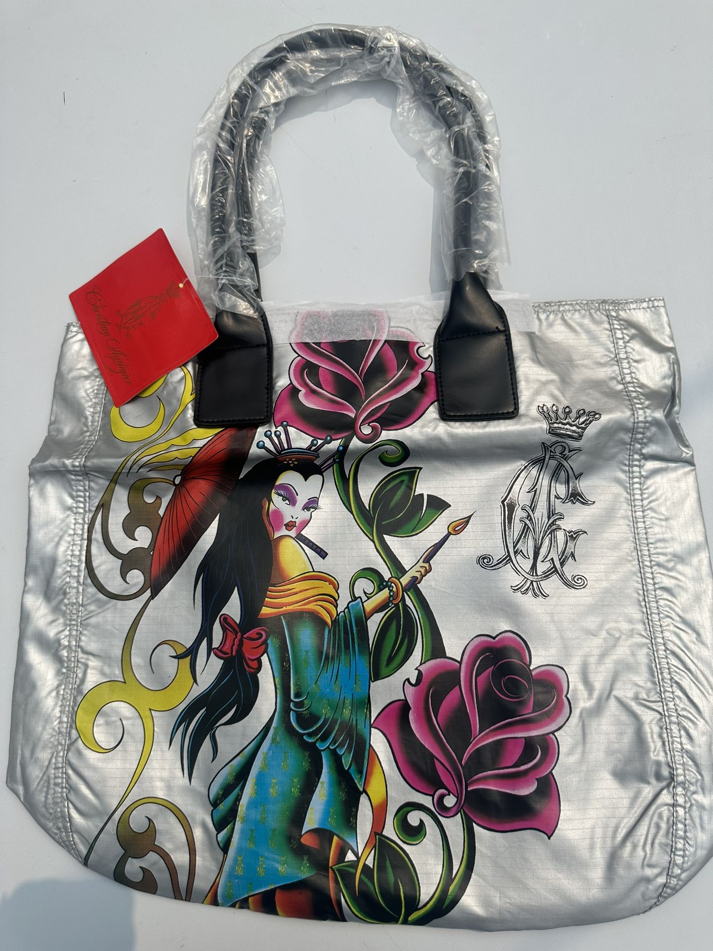 Christian Audigier Tote Bag Los Angeles Silver Geisha Handbag Double Handle