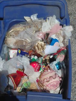 Tote filled with vintage Christmas decorations  large variety