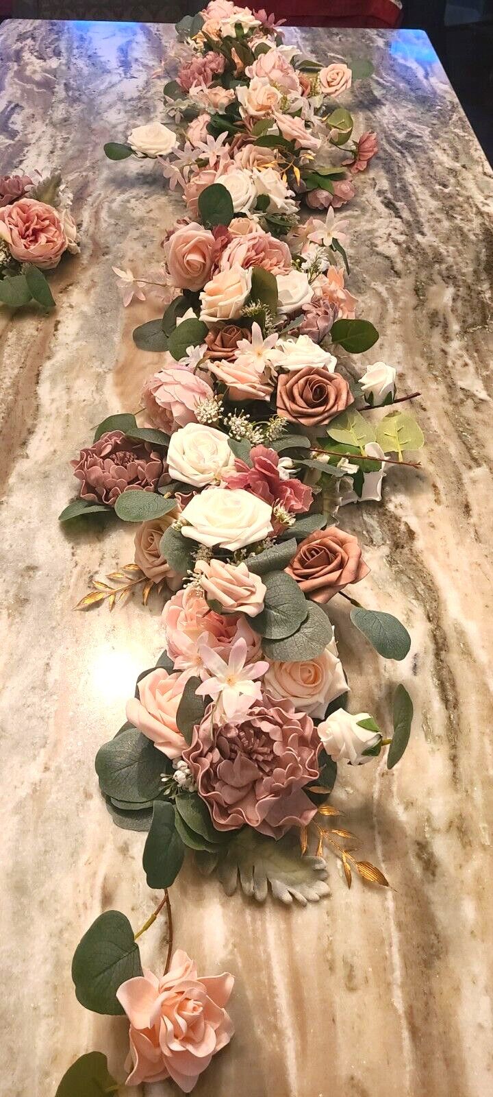 6Ft Artificial Peony Rose Eucalyptus Pink Table Runner & 12 Matching Decor