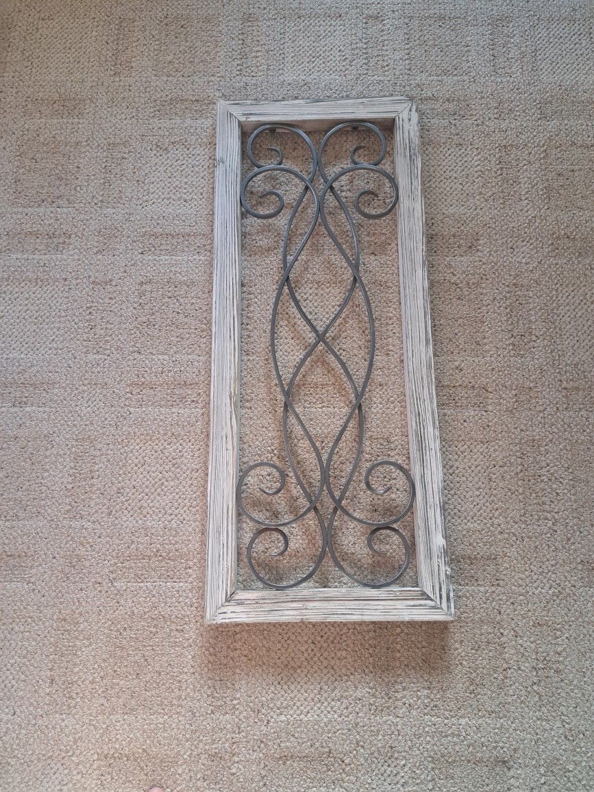 Wall Decor Rustic White Washed Wood and Metal Decorative Scroll Wall Decor