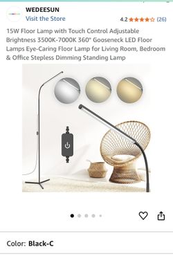 Black Floor Lamp, Gooseneck, Adjustable Brightness, Touch Control