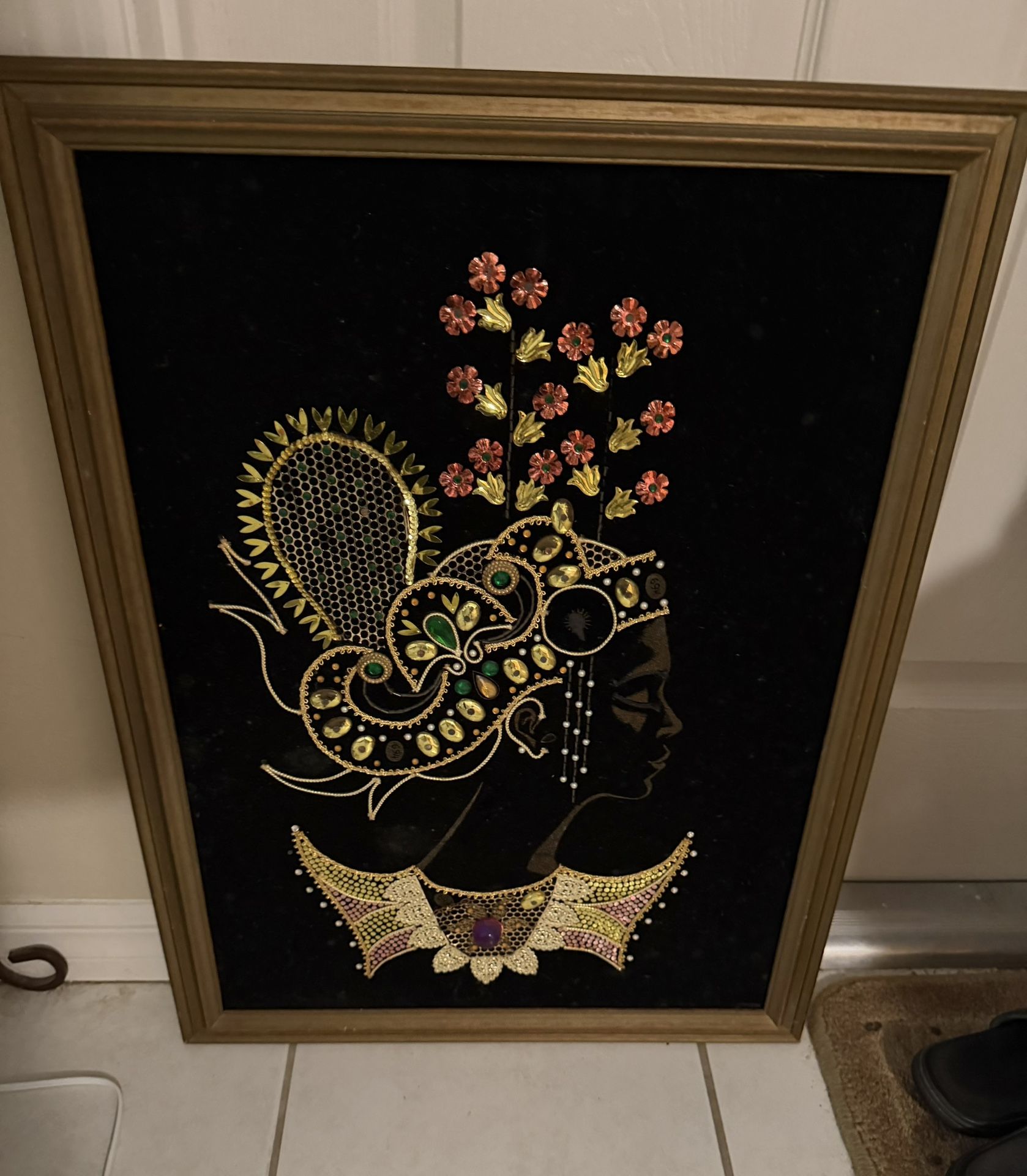 Vtg 26"x20" Mid Century Black Velvet Sequin Woman Floral Picture Framed 
