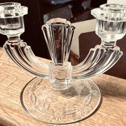 Art Deco cut crystal Candelabra two candle holder. Etched Pattern. No chips or crack.