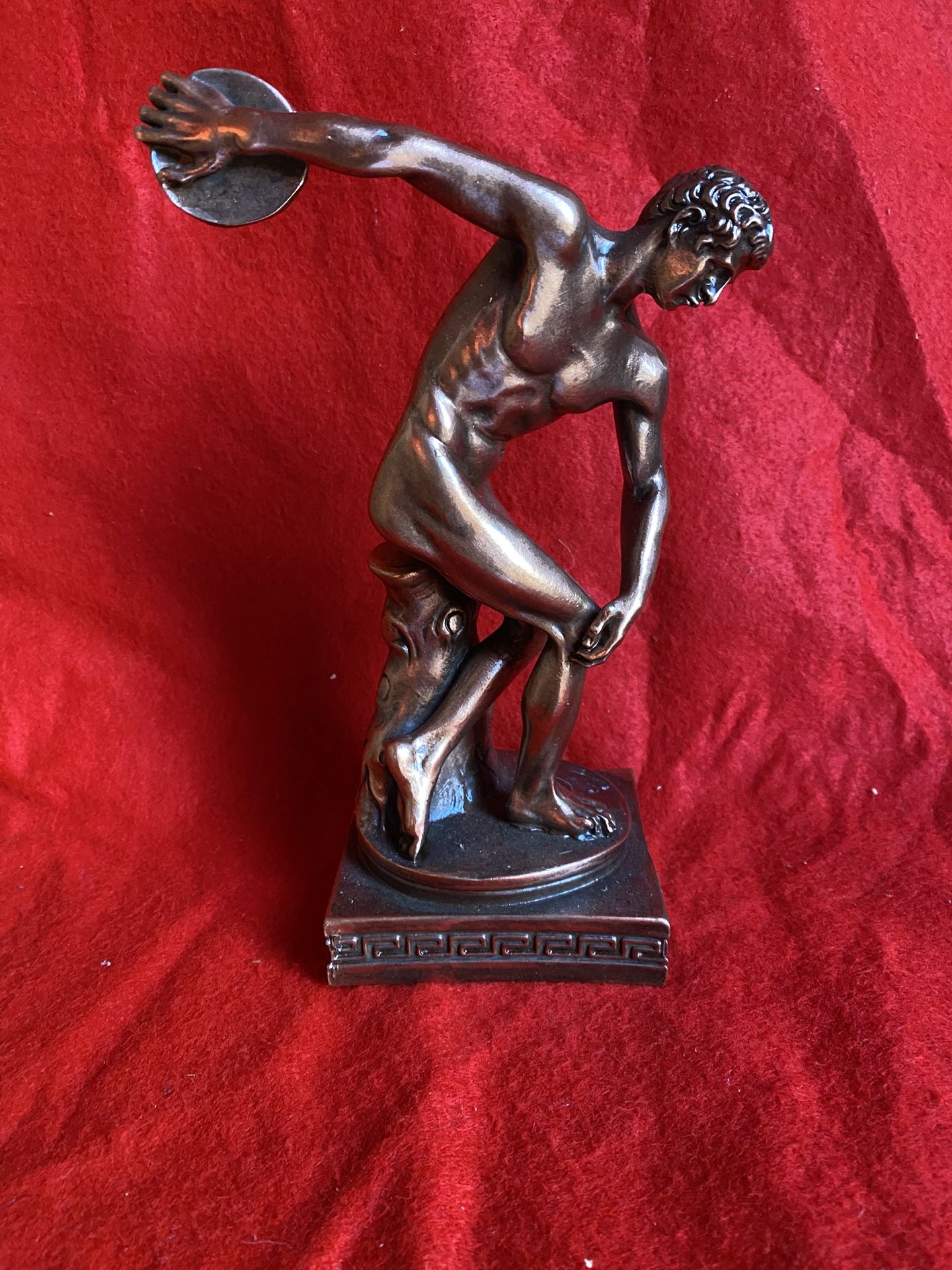 Vintage 8.5 Inch x 3.5 Inch Copper Plated Alabaster Greek Disc Thrower Statue Imported From Greece