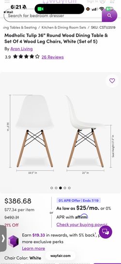 Modholic Tulip 36" Round Wood Dining Table & Set Of 4 Wood Leg Chairs, White (Set of 5)
