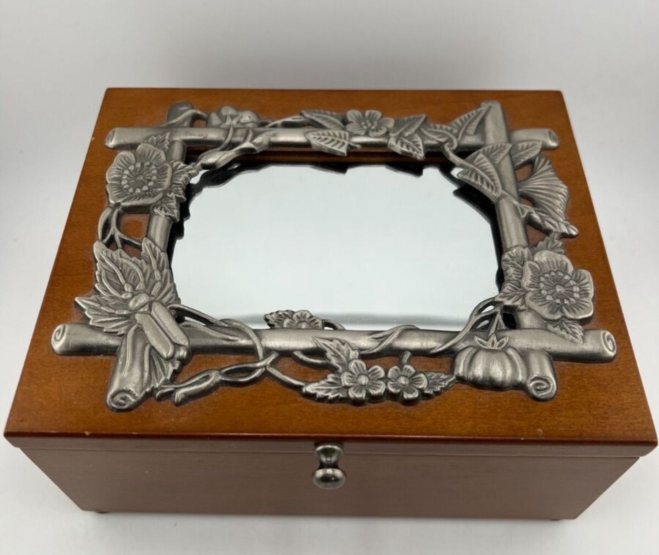 Wooden Vintage Jewelry Box with Pewter Photo Frame and Mirror