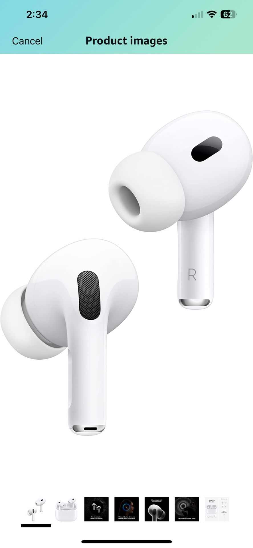 Apple AirPods Pro 2 Wireless Earbuds, Active Noise Cancellation, Hearing Aid Feature, Bluetooth Headphones, Transparency, Personalized Spatial Audio, 