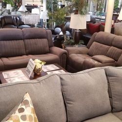 Brand New Gray Linen Power Reclining Sofa + Loveseat With Cup Holders 2PCs Set