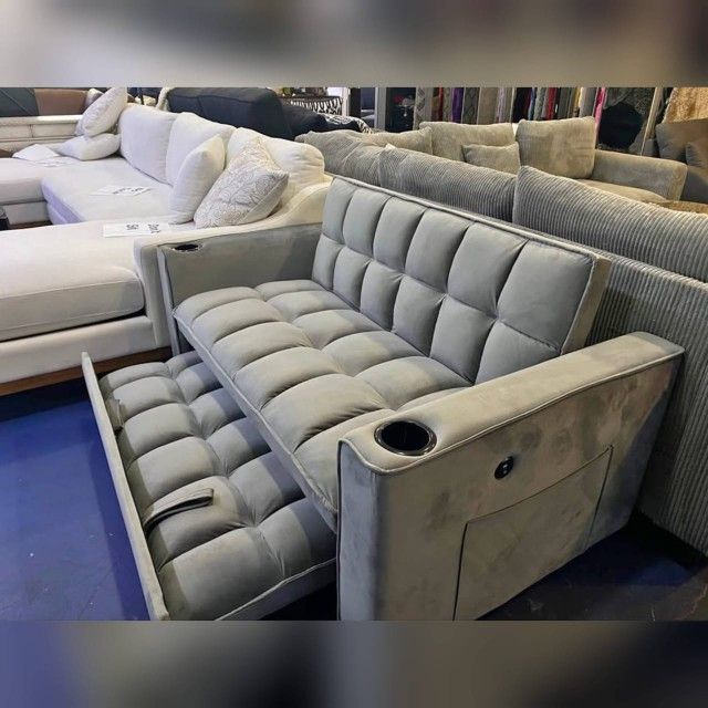 Light gray velvet pull out sofa bed sleeper sofa couch with USB 