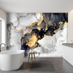 Grey and White Marbled Fabric Wallpaper