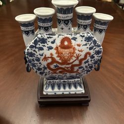 Antique Blue and White With Red Dragon Chinese five finger Vase