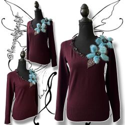 Vintage Y2K Vertigo V-Neck Sweater in Burgundy Brownish/Turquoise with Beaded Details