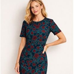J. Crew Short-Sleeved Sheath Dress Navy Magenta Teal Floral Pattern Size 6 